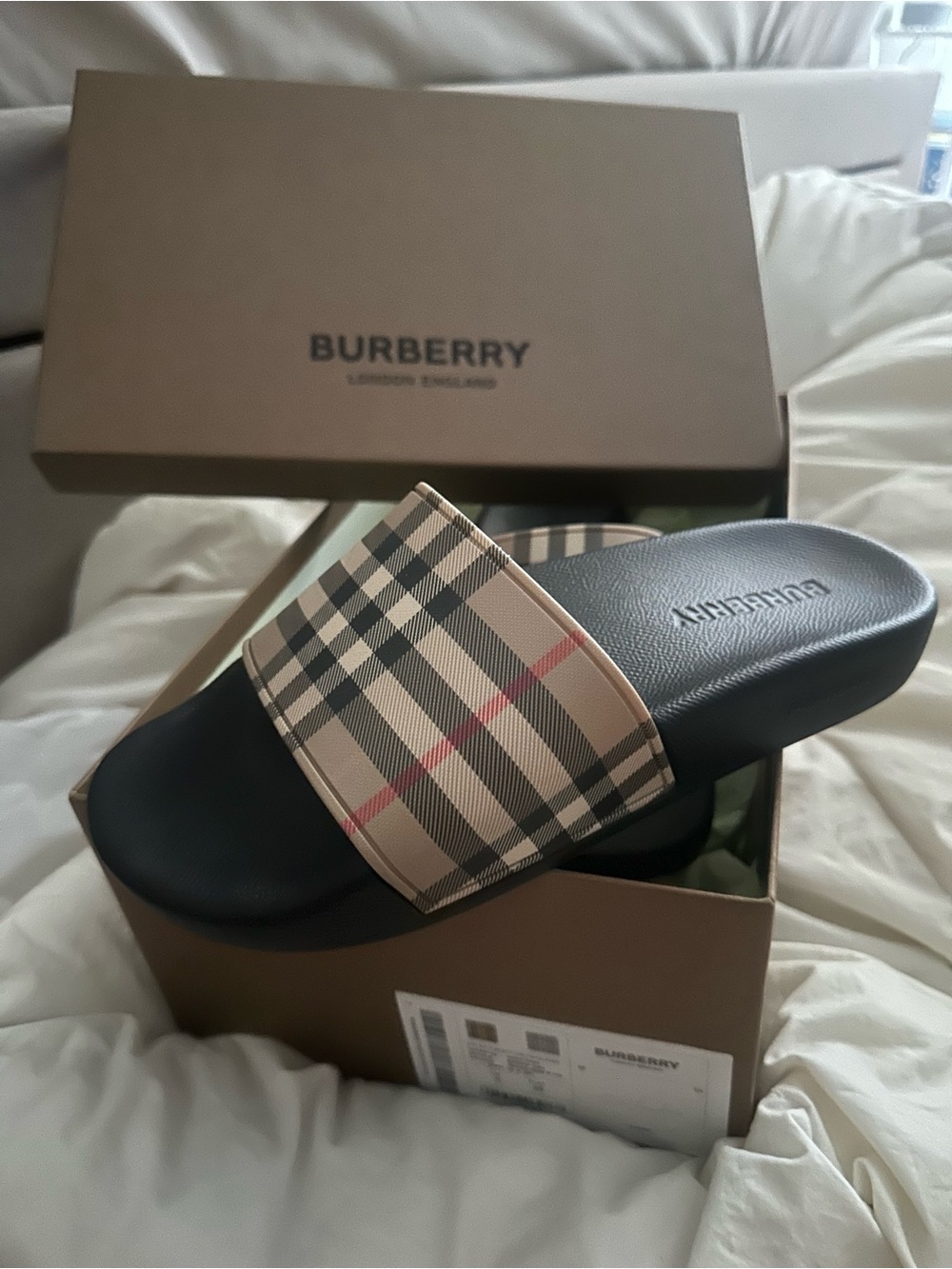 Burberry Plaid Strap Black Footbed Slide Sandals